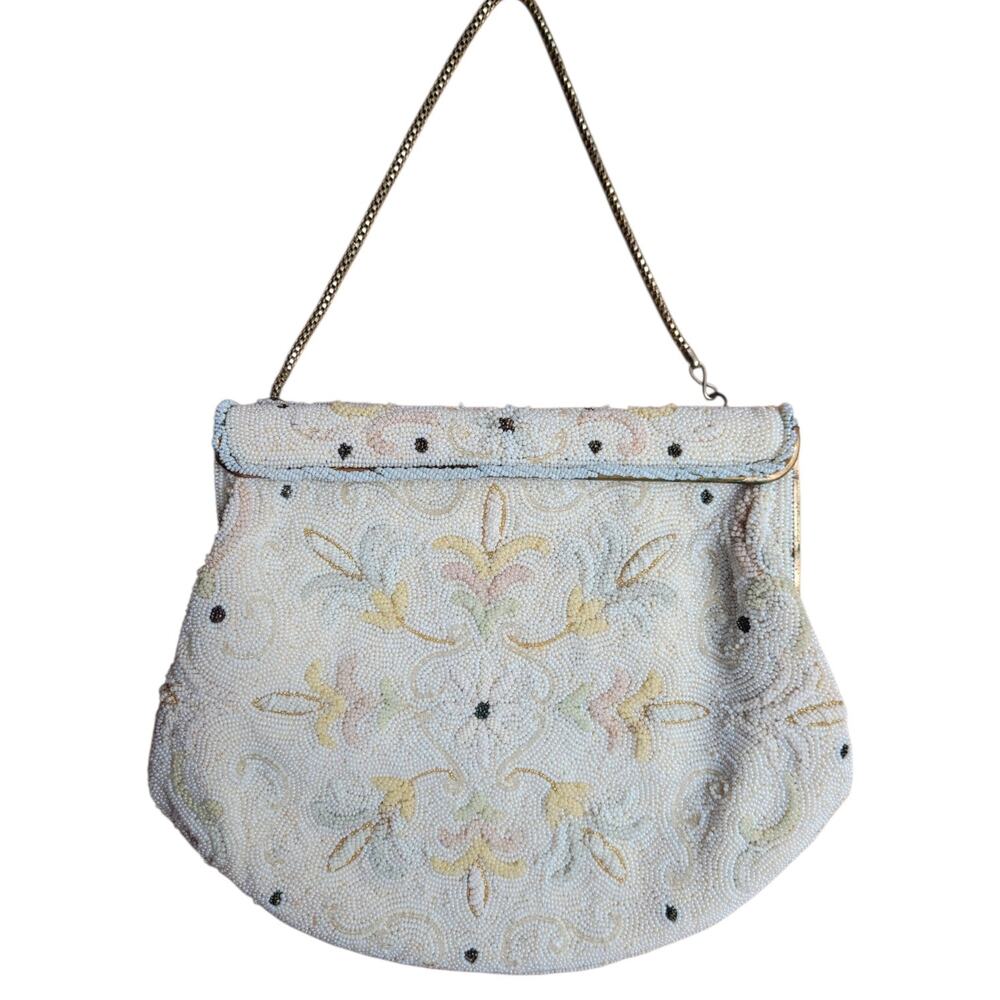 Vintage DeLill Beaded Evening Bag Pastel Floral Seed Bead Purse Made in France